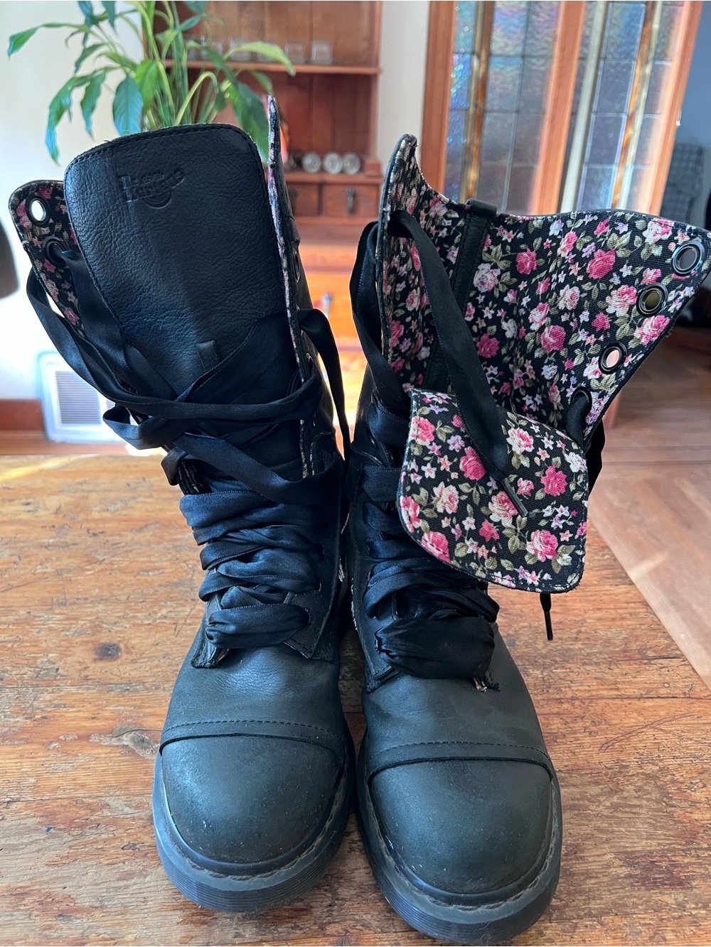 Dr. Martens Triumph 1914 Black Combat Boots with Pink Floral Lining